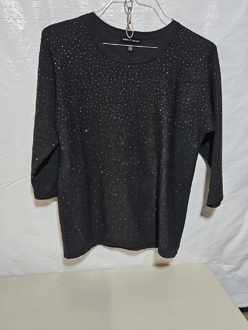 Cable & Gauge Black 3/4 Length Sleeve Knit Top with Rhinestone Detail
